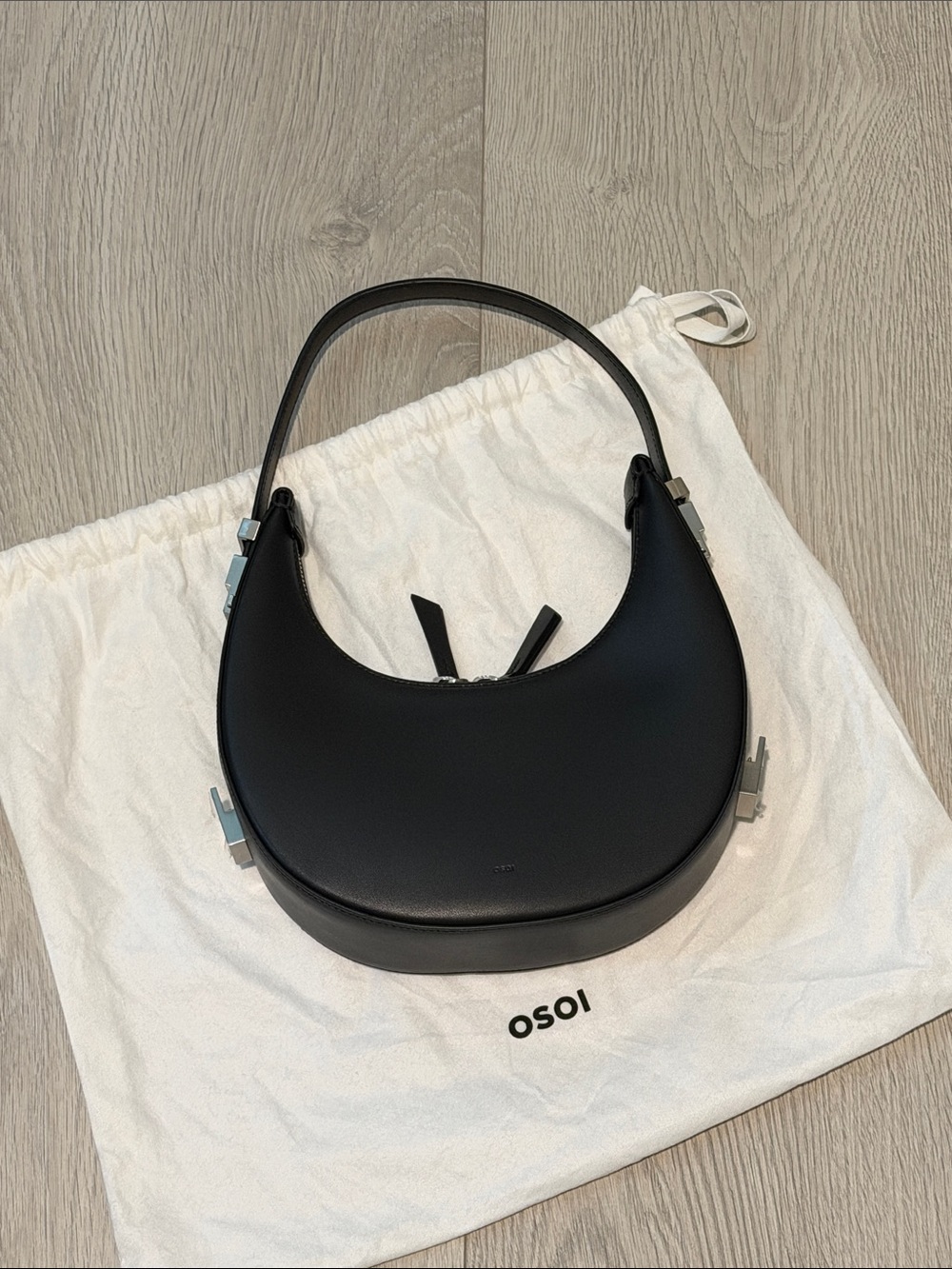 OSOI Black Crescent Shoulder Bag with Silver Hardware